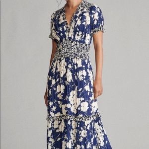 Ralph Lauren Satin Pleated Tiered Floral Dress